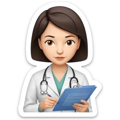 A female doctor in her 50s with visible facial wrinkles, dark brown short bob hair, her body turned slightly at an angle, with her gaze clearly directed downward and fixed on the medical chart she is reviewing. sticker