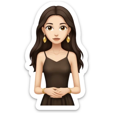 Beautiful skinny woman long dark brown hair in dark dress with gold earrings sticker
