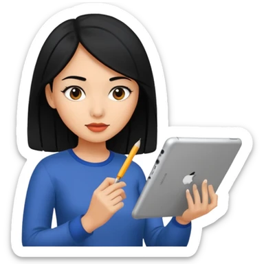 girl web designer with black hair writing on ipad sticker