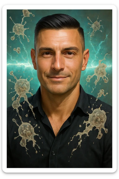 Vertical portrait of a man's face in a realistic style with a relaxed expression. Transparent parasites dissolve in front of a bright energetic barrier, with natural and clean colors. sticker