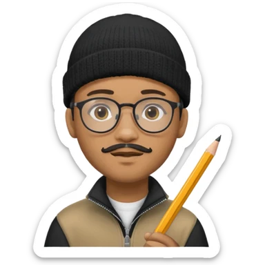 A creative young man with a pencil, glasses and a beanie. He holds a pen in his hand. He has a slight moustache and bit of a beard. He's a lightskin black man. He wears a black quarterzip jumper sticker