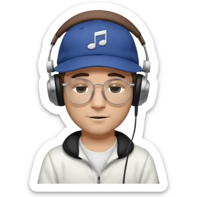 dj man white with baseball cap - rayban glasses - brown hair - closed eyes with headphones on with musical note over head (listening to music ) sticker