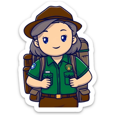 white woman park ranger with gray and brown hair, blue eyes, wearing a backpack sticker