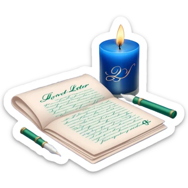 A nostalgic love letter with deep green handwriting, resting on lace fabric next to a glass candle in a royal blue hue. sticker
