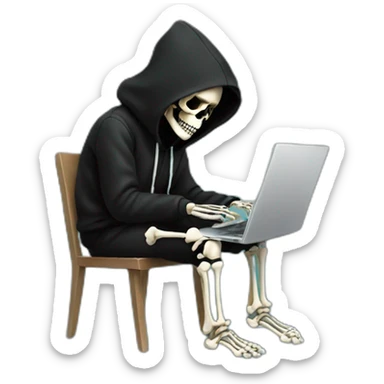 Skeleton programmer with laptop in black hoodie sticker