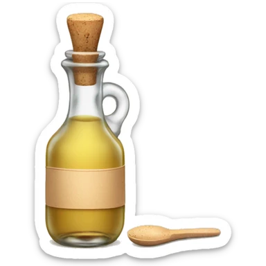 bottle of vinegar with the cork and a nozzle; spoon is laying neat the bottle sticker