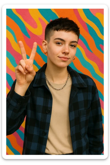 androgynous Gen Z character with short hair, holding up a victory sign sticker