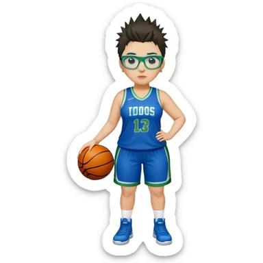 full body white plus size women basketball player with short spiky dark hair with added blond highlights wearing blue glasses wearing blue and green uniform sticker