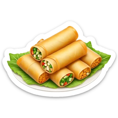 Cinematic Realistic Spring Rolls Dish Emoji, featuring golden, crispy rolls filled with fresh vegetables rendered with detailed textures and warm natural lighting. sticker