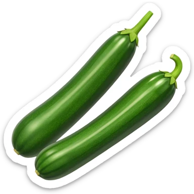 zucchini, whole, slight angle, slender, curved, dark green with light striations, stem end, glossy, 3D clean style, transparent background, optimized for emoji size sticker