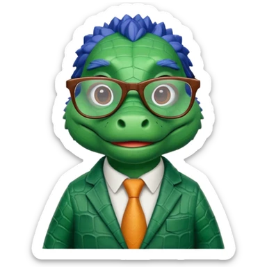A claymation-style academic alligator. The background is a solid white circle sticker