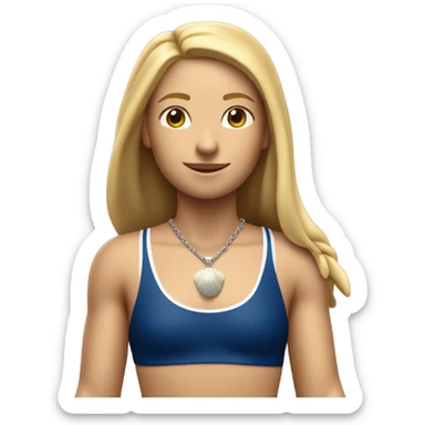 A girl with long blonde hair with wide shoulders wearing a Great Britain rowing swimming suit and has small muscles and add a necklace that has a sea shell pendant on it. She must have a  necklace around the neck and the pendant is on her chest sticker