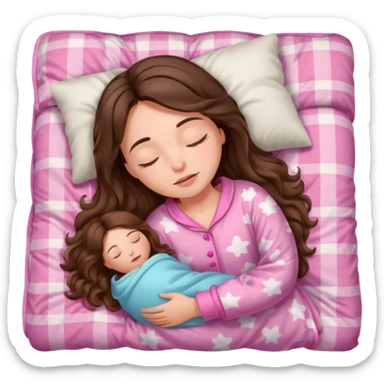 girl brunette inside a blanket sleeping  eyes closed with long  brown wavy hair and pink pjs sticker