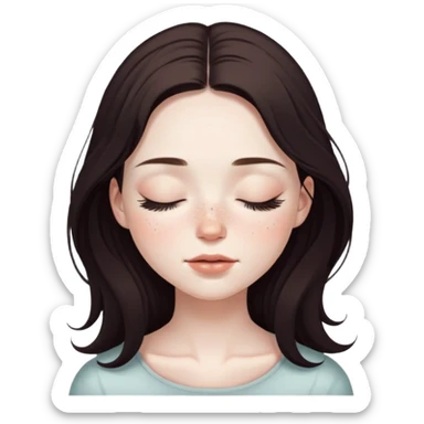 pretty girl with pale skin, freckles, with eyes closed, long lashes, dark brown long hair with closed eyes sticker