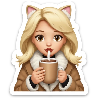 Tanned Girl with lashes , blonde hair, in an extremely big fluffy oversized coat and hold hot chocolate drink and big cat eyes, big lip sticker