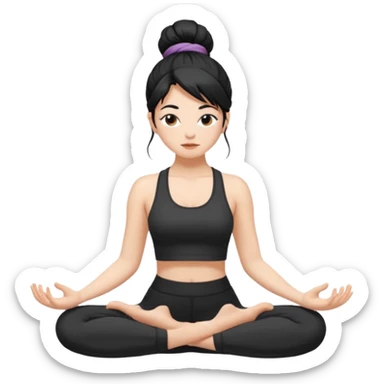 white girl with black long hair in a messy bun doing yoga sticker