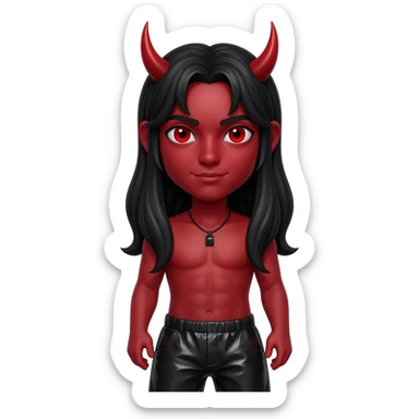 Satan from Christian Mythology with red skin, red eyes, long black hair, black metallic baggy pants, shirtless with black necklace sticker