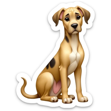 cinematic-[fawn great dane]-realistic-full-body-sitting-emoji,-tail-resting-loosely-beside-its-paws,-head-tilted-dramatically,-sleek-[fawn]-fur,-simplified-yet-realistic-focused-features,-highly-detailed,-glowing-with-an-almost-sarcastic-glow sticker