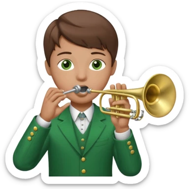 young boy with brown hair, green eyes who plays a trumpet sticker
