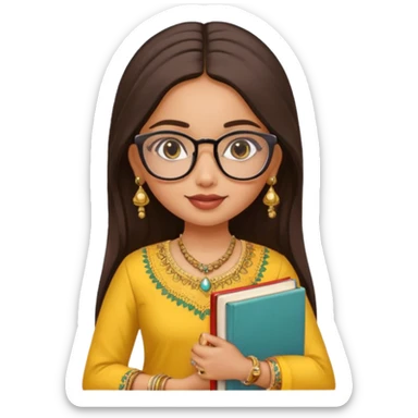 a pretty bratz fair indian girl wearing spectacles, jhumkas, kurti yellow, carrying books sticker