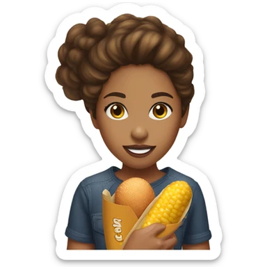 Girl with brown wavy hair  and olive skin tone and hazel eyes eating a corn dog sticker