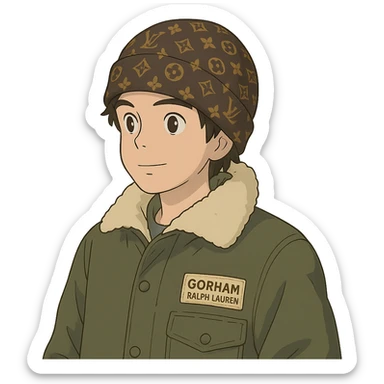 ghibli style young person wearing a Louis Vuitton beanie and a Ralph Lauren Gorham jacket sticker