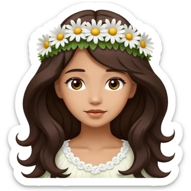 ["Medium skin tone female, long dark-brown hair with gentle waves, wearing a white daisy floral crown."] sticker