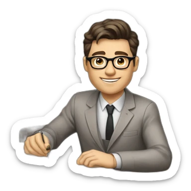 Pale skinned Fit Man With dark brown hair in gray jacket, beige office shirt and vintage glasses sitting In a soft chair with a notebook with emblem Ψ and a pen in his hands sticker