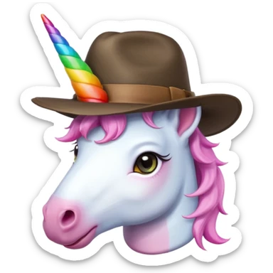 unicorn face cute wearing fedora, horn piercing through the hat sticker