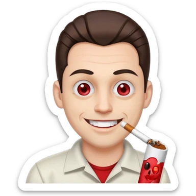 A white man with dark brown hair in a ponytail, oversized bloodshot eyes, grinning, smoking a long spliff  sticker