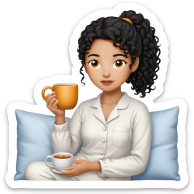 Mixed-race woman with caramel skin, black curly hair in a ponytail, wearing white pajamas, holding a steaming mug of tea sticker