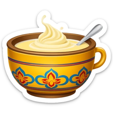 Tibetan butter tea in traditional bowl, simplified emoji style with bold outlines and bright colors, cartoon style creamy yak butter drink sticker