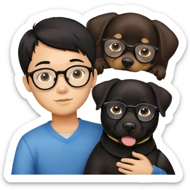 A Chinese black haired boy with black glasses holding one Labrador Retriever sticker