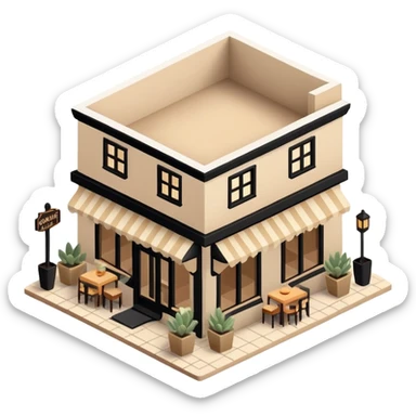 Isometric exterior little black, beige, and white southwestern restaurant, dollhouse style 3D realistic  sticker