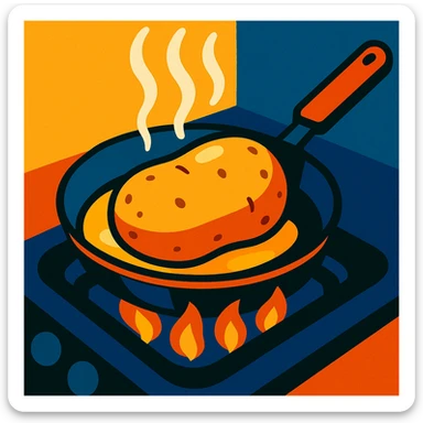 vibrant illustration of a potato being heated in a frying pan sticker