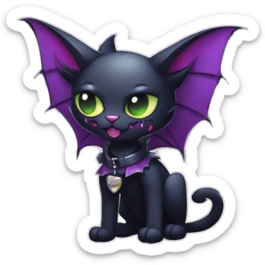  cool edgy kawaii ethereal dark-punk-themed animal vampiric cat-hybrid Fakemon with fangs and bat-wing-ears with a collar full body sticker