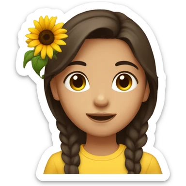Dark brown hair, brown eyed girl holding sunflower sticker