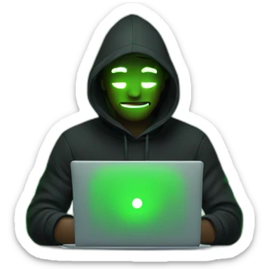 a man wearing a black hoodie behind a laptop screen projecting green light on him sticker