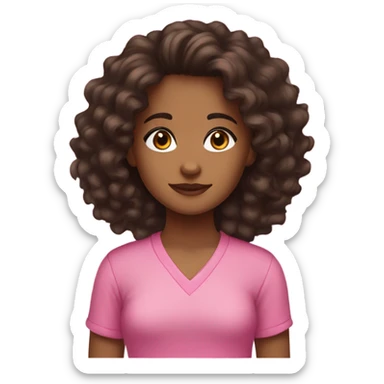 A brown girl with dark brown curly long hair and brown eyes and pink shirt sticker
