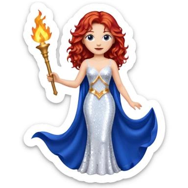 Torch Lady from Film Studios with red wavy hair, white sequin gown, royal blue sequin drape, holding torch sticker