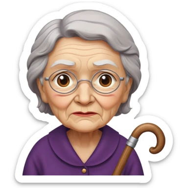 Grandma walking using a cane with a hunchback sticker
