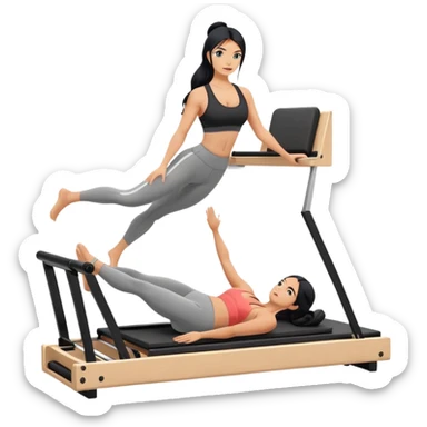 woman with tanned skin, long black hair, wearing a sports bra, doing Pilates on a reformer machine sticker