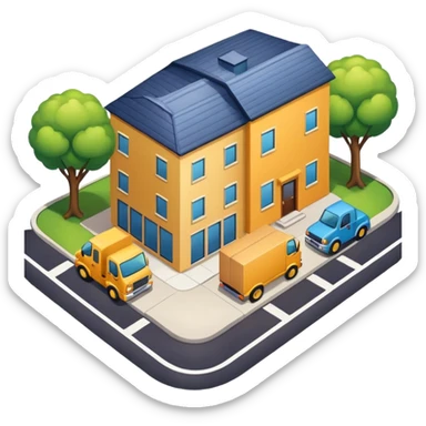 top view of a truck, package, house, and company building side by side, connected by street lines, clear background, apple emoji style sticker