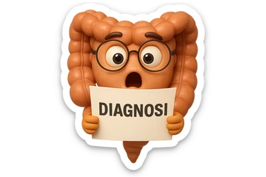 EMOJI STILE IPHONE DI UN INTESTINO CON GLI OCCHIALI CHE LEGGE UN FOGLIO CON LA SCRITTA DIAGNOSI, ESPRESSIONE STUPITA IN VOLTO, IPERREALISTICO 4K sticker