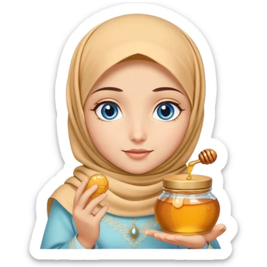 Turkish beautiful finish Konya girl blue eyes with honey pastel hijab islamic dress and had on her hand honey sticker