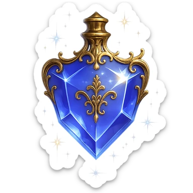 very luxurious crystal elixir bottle in shield shape, color #7986cb, lots of shining, edges, ornaments, golden details, magical effects, very small golden neck, transparent background, beautiful seamless base, bottle clearly floating in air, no base or shadow, premium class, modern, matching the collection sticker