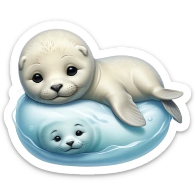 Beautiful and Majestic Baby Seal Portrait Emoji, Head and body resting serenely with a gentle, content smile, showcasing a soft, cuddly form with tender, glistening fur and eyes peacefully closed in a tranquil slumber, Simplified yet exquisitely endearing features, highly detailed, glowing with a soft, radiant polar light, high shine, serene and utterly lovable, stylized with an air of regal innocence, soft glowing outline, capturing the essence of a beautiful and majestic baby seal that embodies the quiet wonder of arctic serenity! sticker