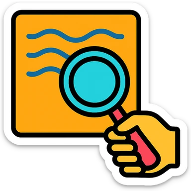 a hand with a magnifying glass over a piece of fabric, colorful outlined icon style sticker