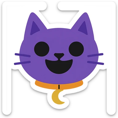 Create an image of just the head of a purple cat with black eyes, a wide open black smile with no teeth, and a visible gold moon pendant. The background should be removed, leaving only the cat's head and pendant visible. sticker