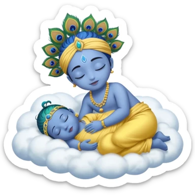 baby Krishna emoji, blue skin, sleeping peacefully on a cloud, wearing yellow clothes, peacock feather in hair sticker